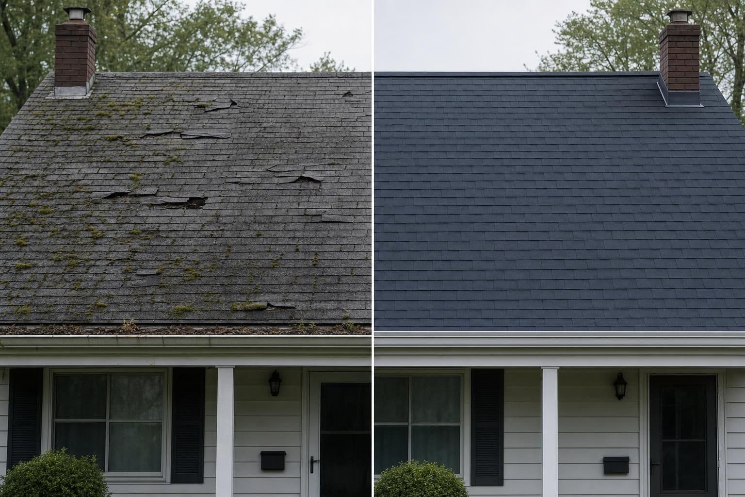 Before and after comparison of a residential roof replacement